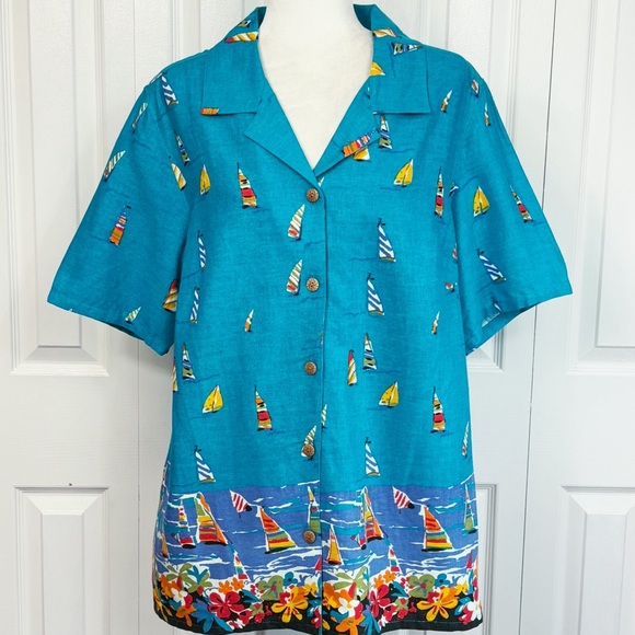 Vintage White Stag Scuba Blue Nautical Sailboat Print Linen Blouse 16W - Picture 1 of 16